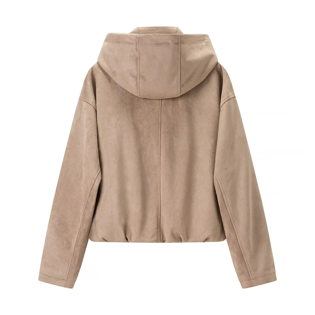 Damen nan kastige Veloursimitat-Kapuzenjacke mit verdecktem Reißverschluss und elastischem Saum Drune