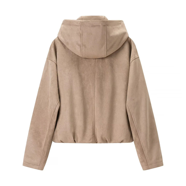 Damen nan kastige Veloursimitat-Kapuzenjacke mit verdecktem Reißverschluss und elastischem Saum Drune