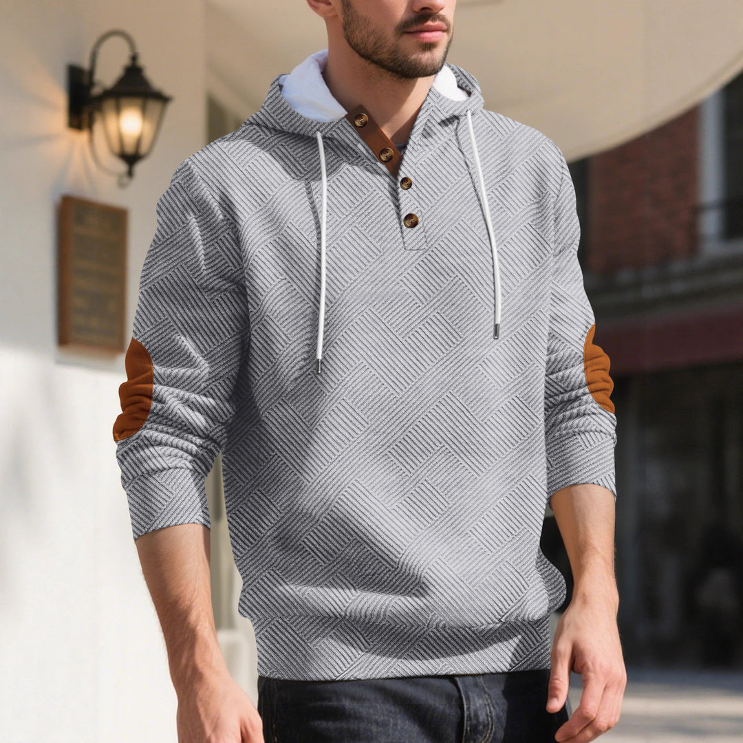 Herren nan strukturierter Kapuzen-Henley-Pullover mit Jacquardstruktur, Knopfleiste und Ellenbogenpatches Drune