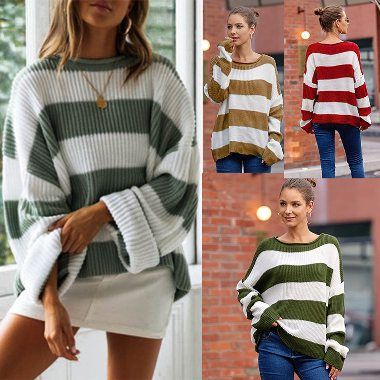 Damen lässiger Strickpullover mit breitem Streifenmuster und weitem Schnitt Drune