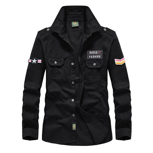 Herren nan militärisches Langarm-Utility-Hemd mit aufgesetzten Brusttaschen, Schulterklappen und dekorativen Stickpatches Drune
