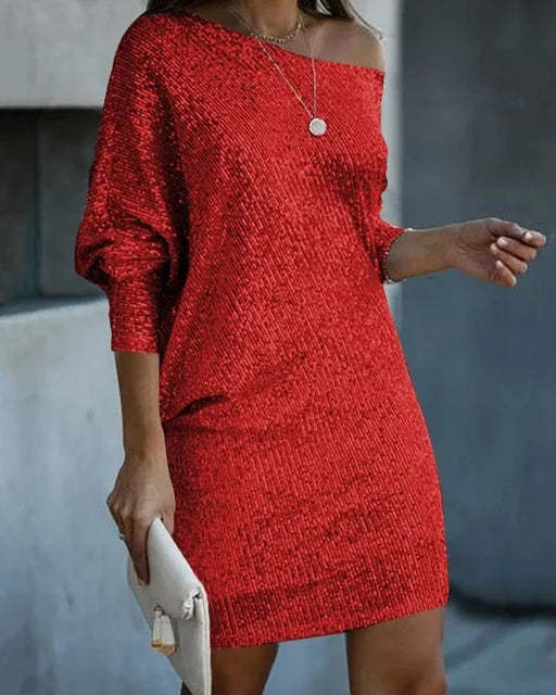 Damen Schulterfreies Strick-Minikleid mit Fledermausärmeln Drune