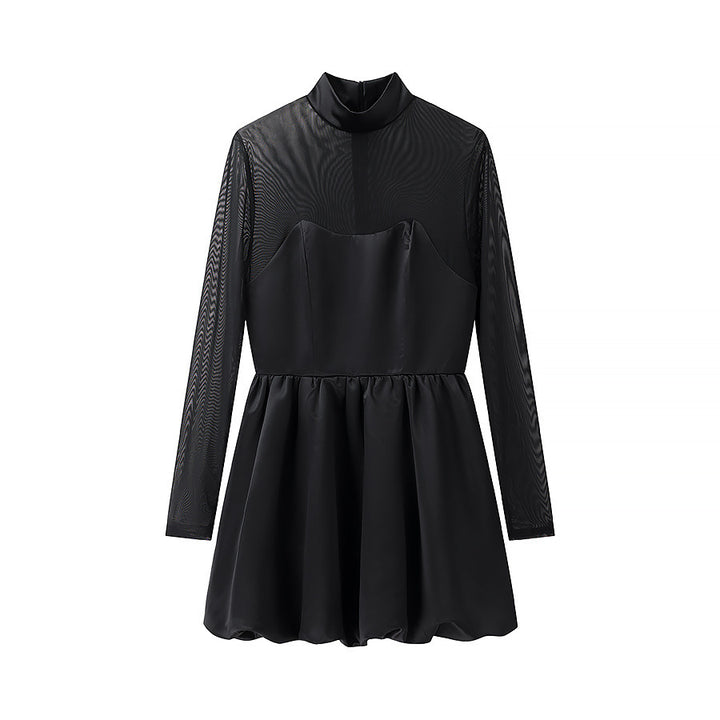 Damen nan Mesh-Insert Mini-Kleid mit Stehkragen, tailliertem Korsettoberteil und gerafftem Tellerrock Drune