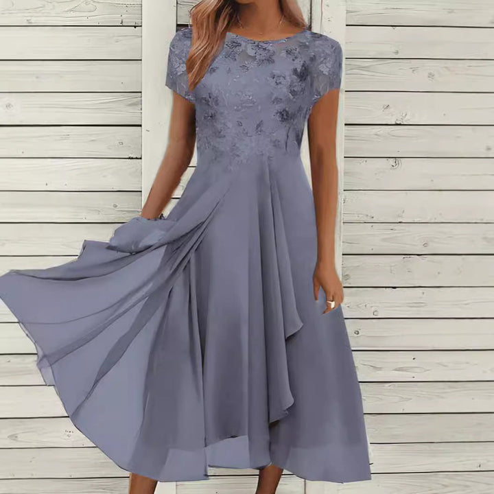 Damen nan elegantes Chiffon-Midikleid mit floraler Spitzenapplikation und fließendem Tellerrock Drune
