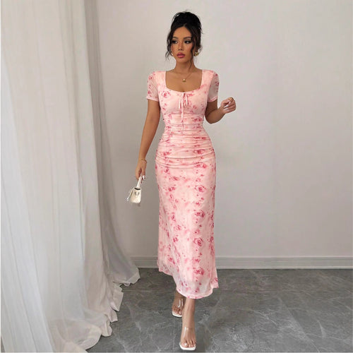 Damen Maxikleid mit floralen Mustern und dekorativem Wickeldetail Drune