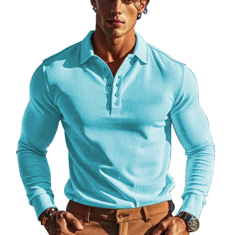 Herren nan körperbetontes Langarm-Henley-Poloshirt aus feiner Rippenstruktur Drune