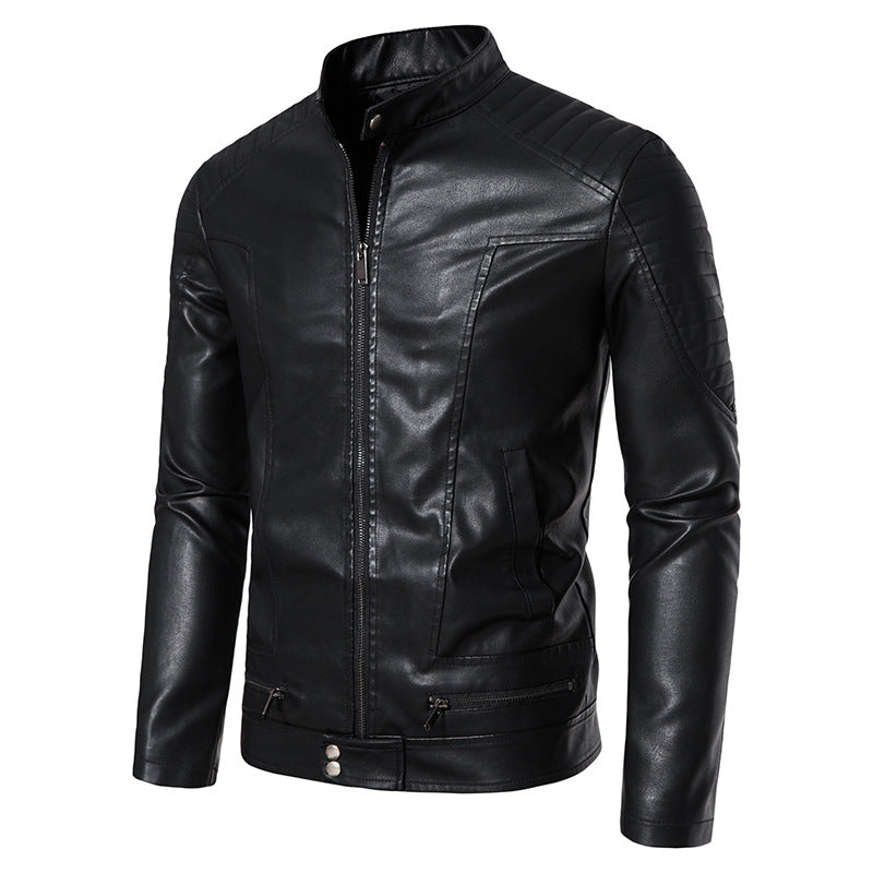 Herren Schmale Biker‑Blouson Kunstlederjacke mit Stehkragen, Ziersteppungen und Reißverschlusstaschen Drune