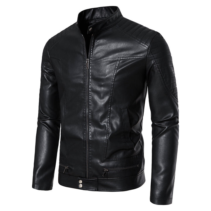 Herren Schmale Biker‑Blouson Kunstlederjacke mit Stehkragen, Ziersteppungen und Reißverschlusstaschen Drune