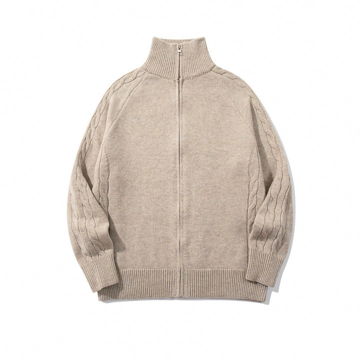 Unisex Boxy-Zip-Strickjacke mit Stehkragen, Zopfmusterärmeln und gerippten Abschlüssen Drune