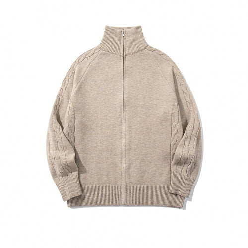 Unisex Boxy-Zip-Strickjacke mit Stehkragen, Zopfmusterärmeln und gerippten Abschlüssen Drune