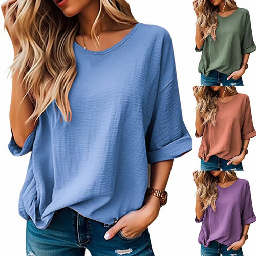 Damen Lockeres Crinkle-Shirt mit U-Boot-Ausschnitt und krempelbaren Dreiviertelärmeln Drune