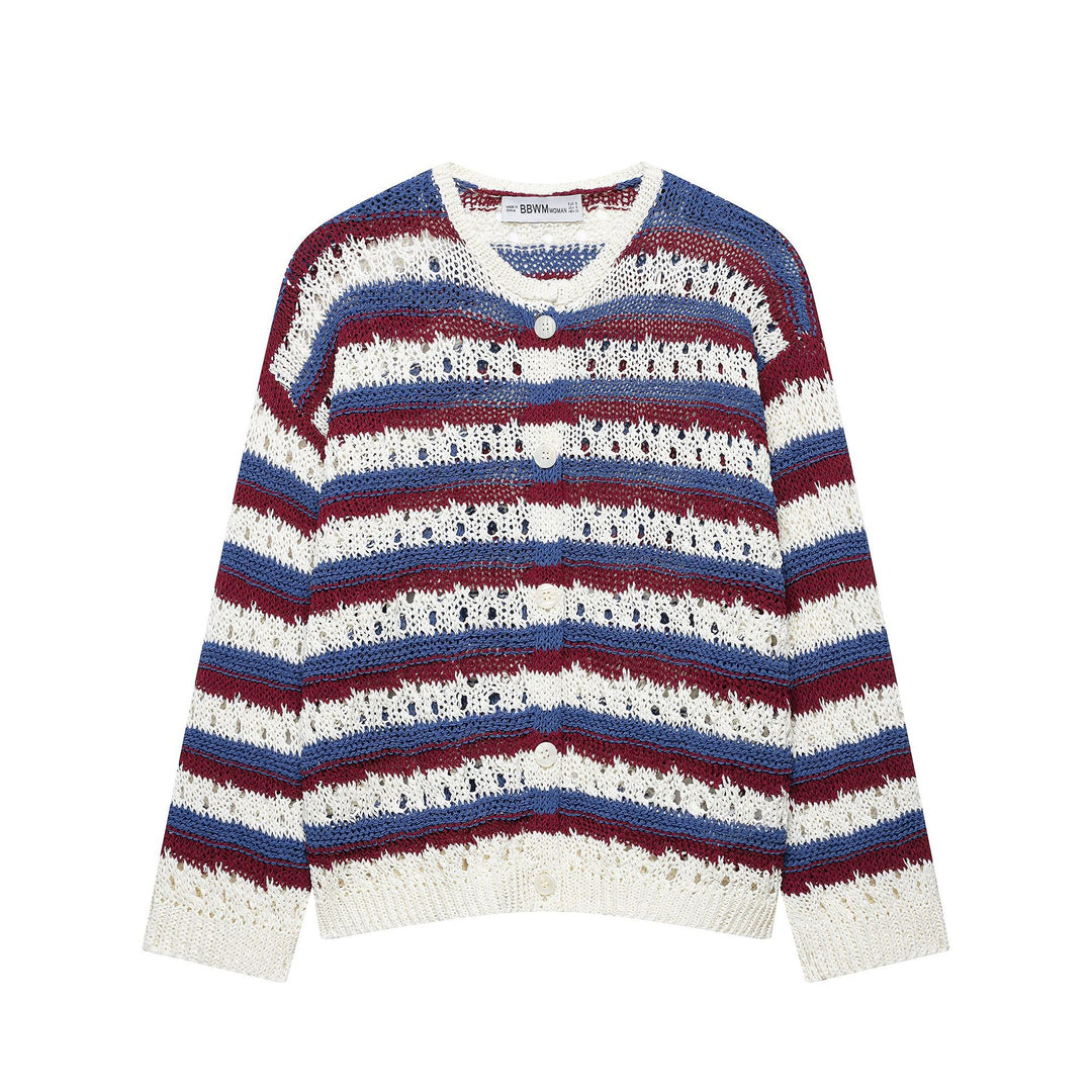 Damen Gehäkelter Cropped-Strickcardigan mit Lochstrick, Kontraststreifen und Perlmuttknöpfen Drune