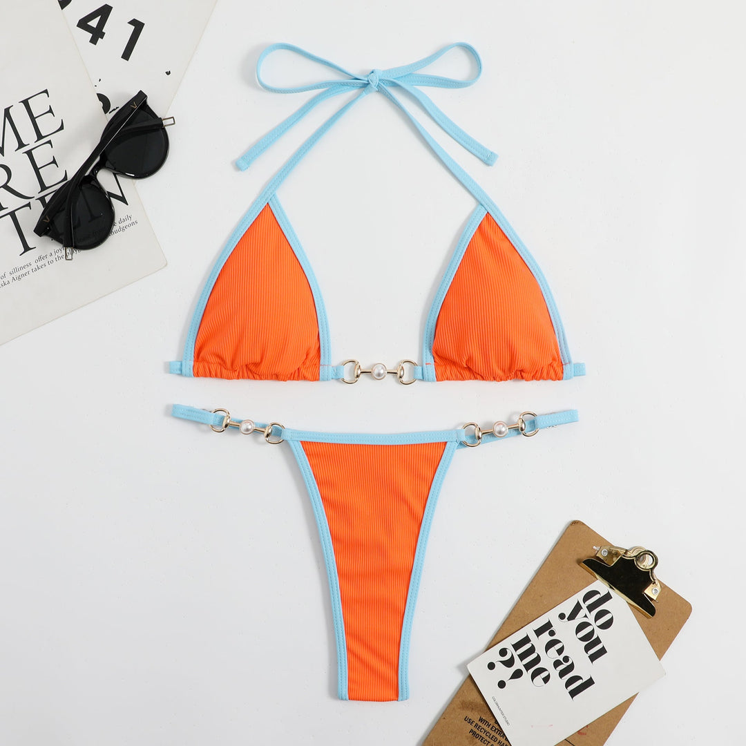 Damen Triangel-Bikini mit modischem Rippdesign und dekorativen Elementen Drune
