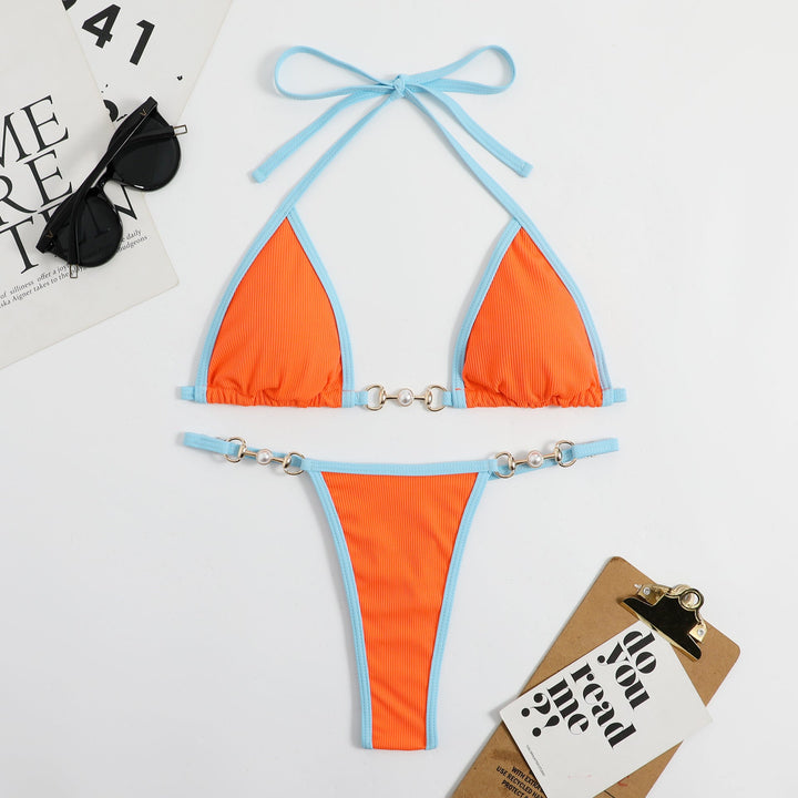Damen Triangel-Bikini mit modischem Rippdesign und dekorativen Elementen Drune
