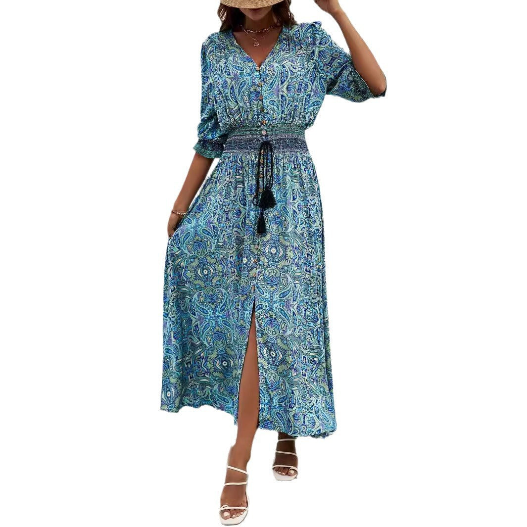 Damen Maxikleid mit verspieltem Paisley-Muster und seitlichem Schlitz Drune