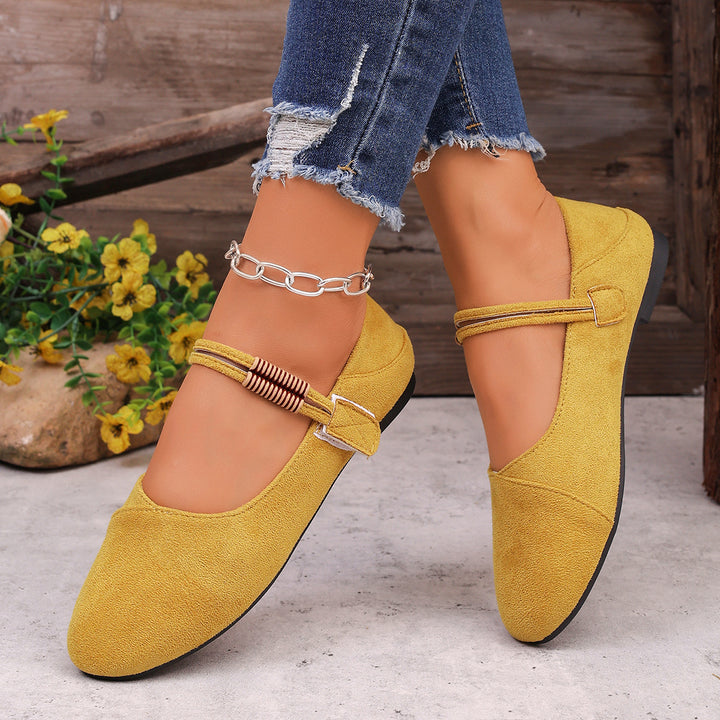 Damen nan flache Mary-Jane Ballerinas aus Veloursimitat mit elastischem Zierband und gepolsterter Komfortinnensohle Drune