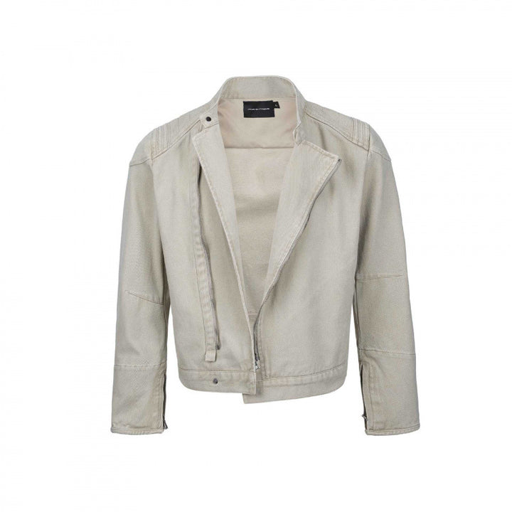 Herren Asymmetrische Kurzjacke im Biker-Stil mit Stehkragen und schrägem Metallreißverschluss Drune