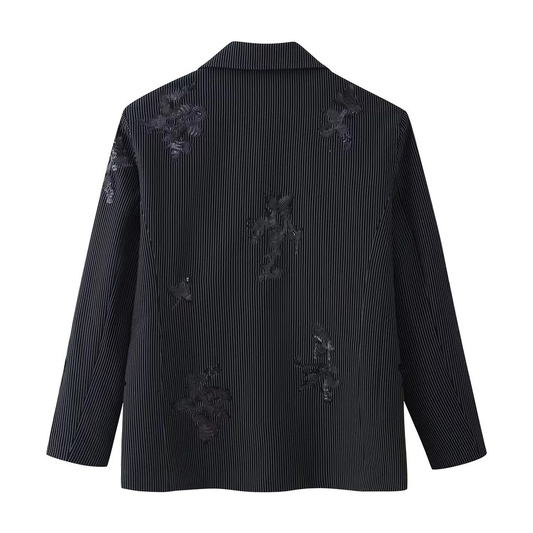 Damen nan legerer Ein-Knopf-Blazer im Nadelstreifen mit floraler Pailletten-Applikation Drune