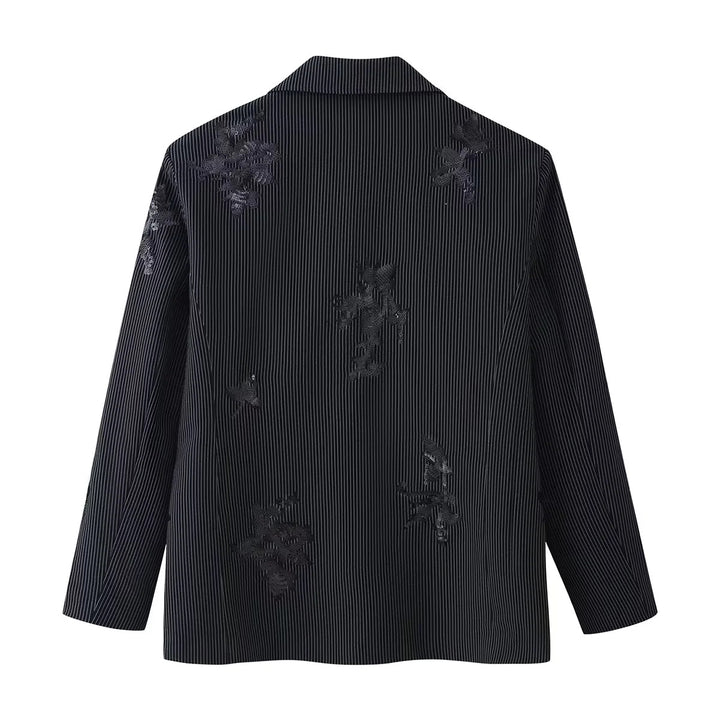 Damen nan legerer Ein-Knopf-Blazer im Nadelstreifen mit floraler Pailletten-Applikation Drune