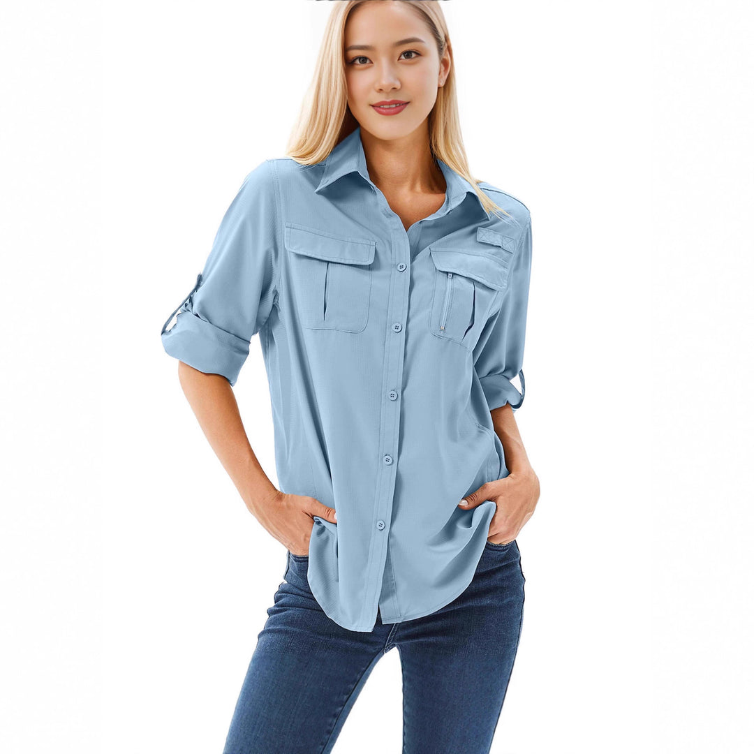 Damen lässige Bluse mit praktischen Taschen und umschlagbaren Ärmeln Drune