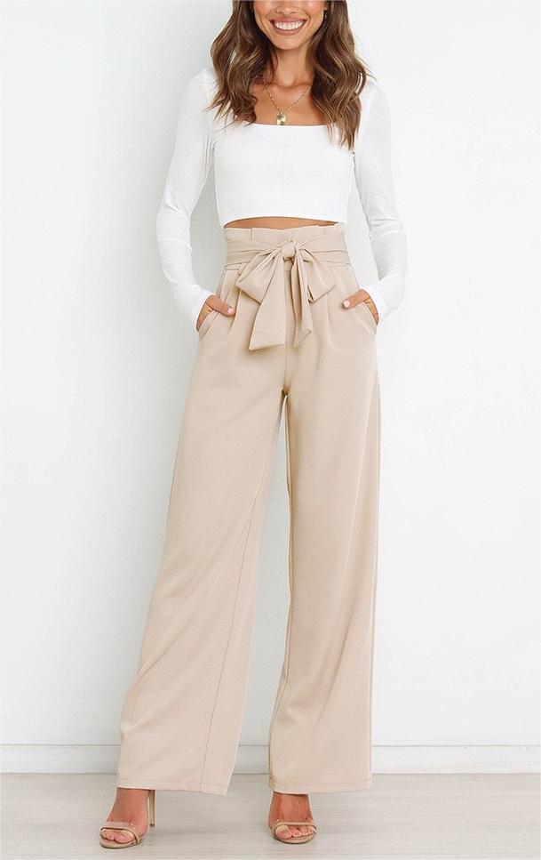 Damen elegante Hochbundhose mit Bindegürtel und weitem Bein Drune