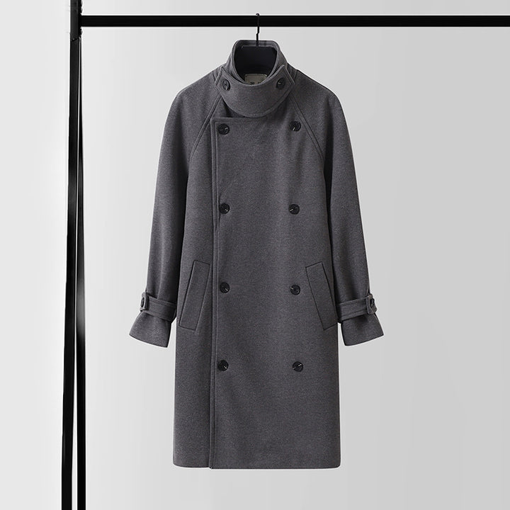 Herren Dramatisch geschnittener Doppelreihiger Wollmix-Longcoat mit Kragenlaschen und Bindegürtel Drune