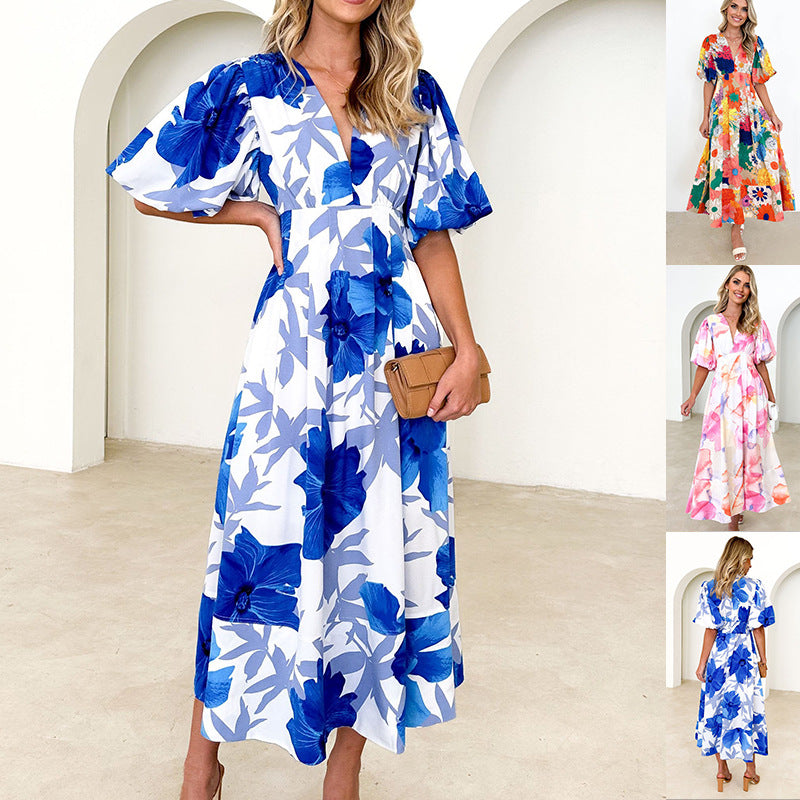 Damen Maxikleid mit voluminösen Puffärmeln und floralem Druck Drune