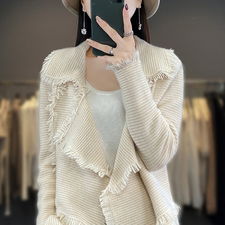 Damen Langer Fransen‑Strickcardigan mit großem Schalkragen und feiner Rippenstruktur Drune