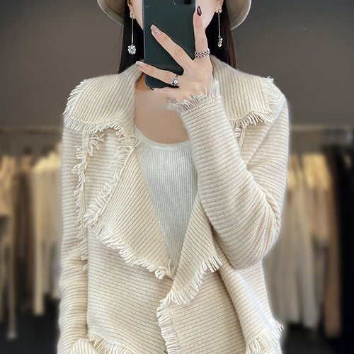 Damen Langer Fransen‑Strickcardigan mit großem Schalkragen und feiner Rippenstruktur Drune
