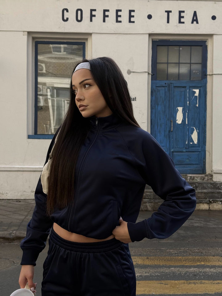 Damen Cropped-Trainingsjacke und hochtaillierte Jogginghose Set aus funktionalem Polyester Drune