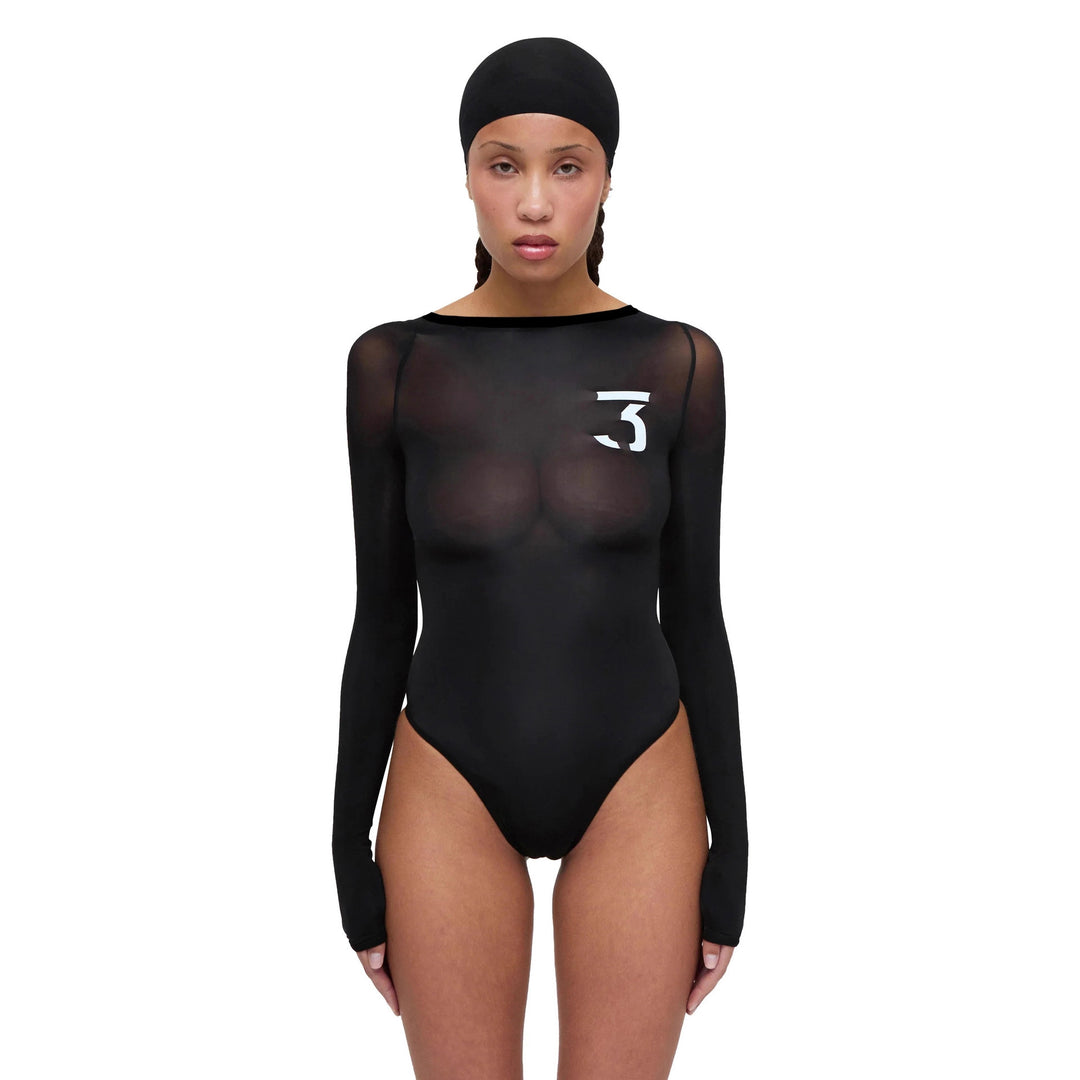 Damen eleganter Body mit transparenten Akzenten und Langarm Drune