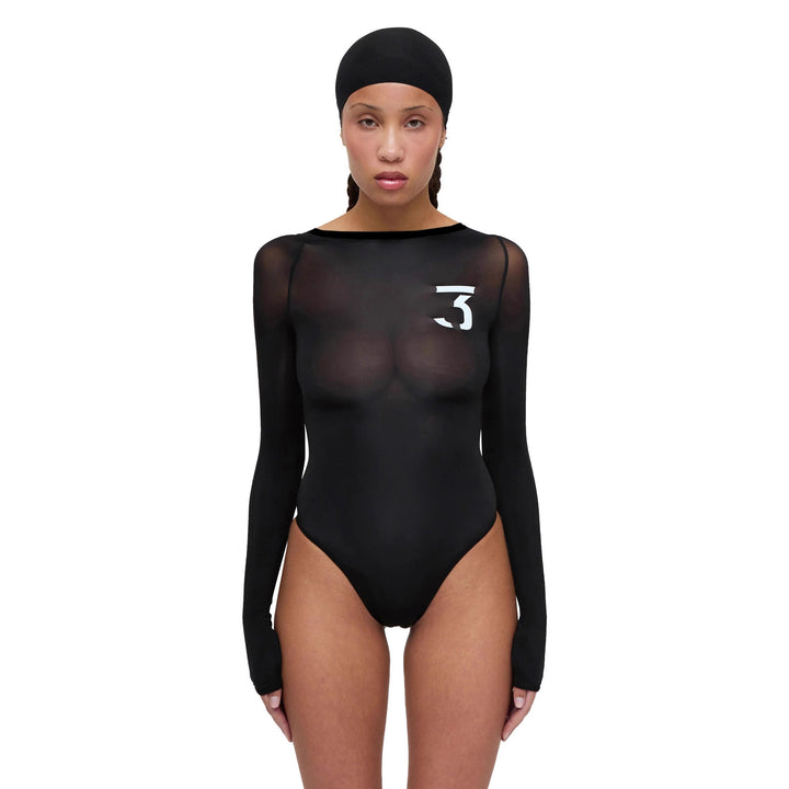 Damen eleganter Body mit transparenten Akzenten und Langarm Drune