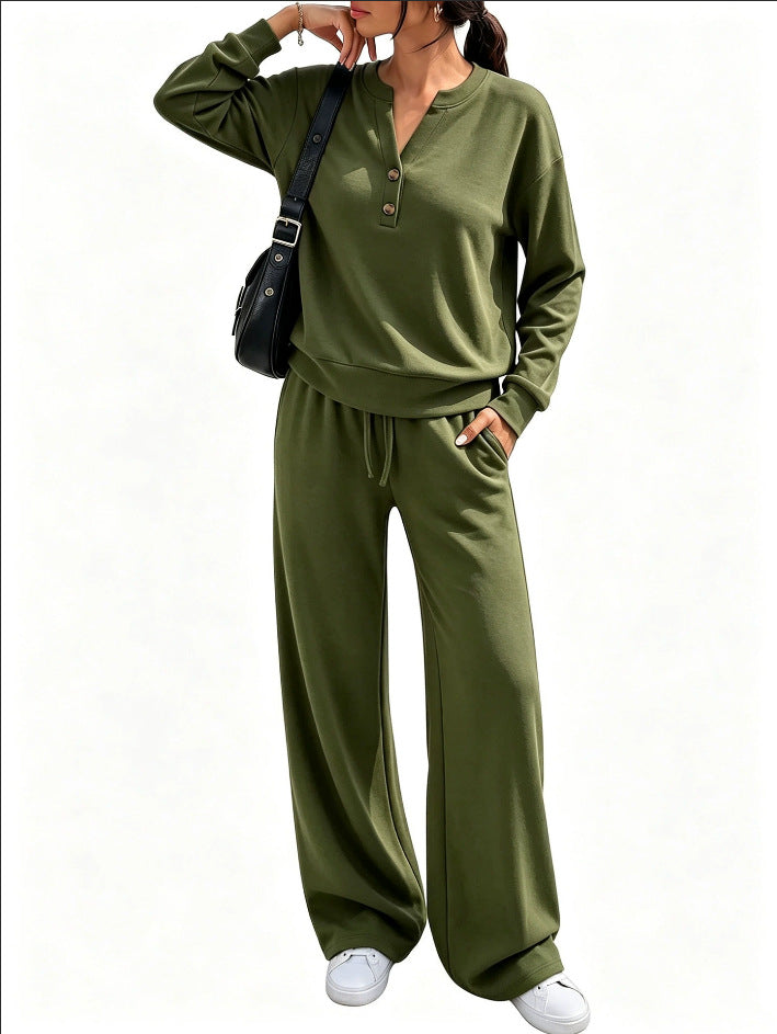 Damen Lounge-Set mit Henley-Kragen und palazzoweiter Jogginghose Drune