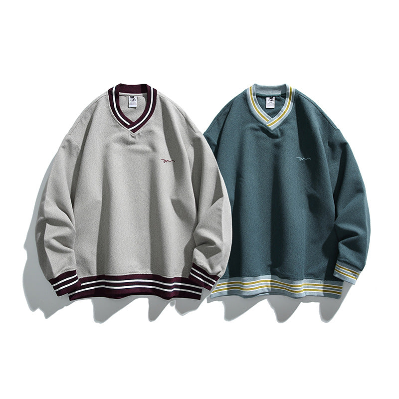 Herren Oversized V-Ausschnitt Sweatshirt mit Kontraststreifen an Bündchen und Saum Drune