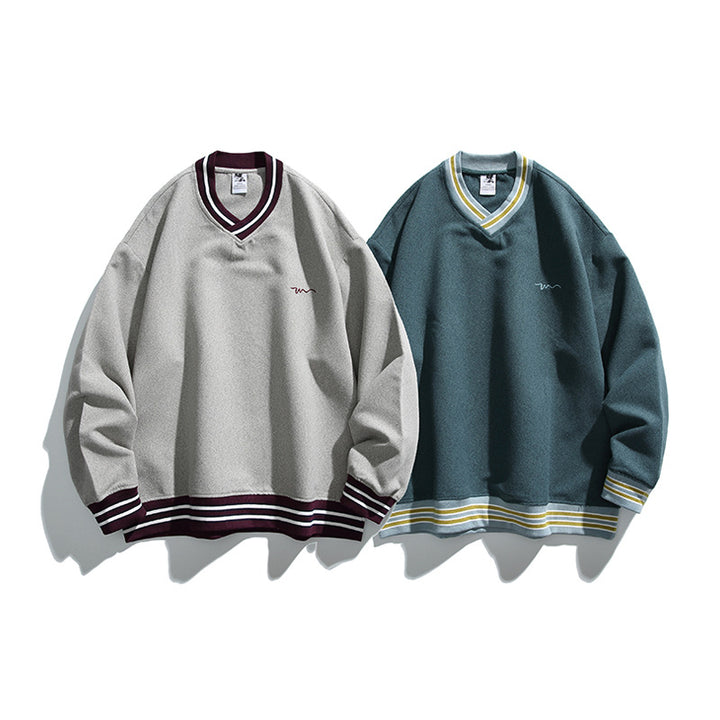 Herren Oversized V-Ausschnitt Sweatshirt mit Kontraststreifen an Bündchen und Saum Drune