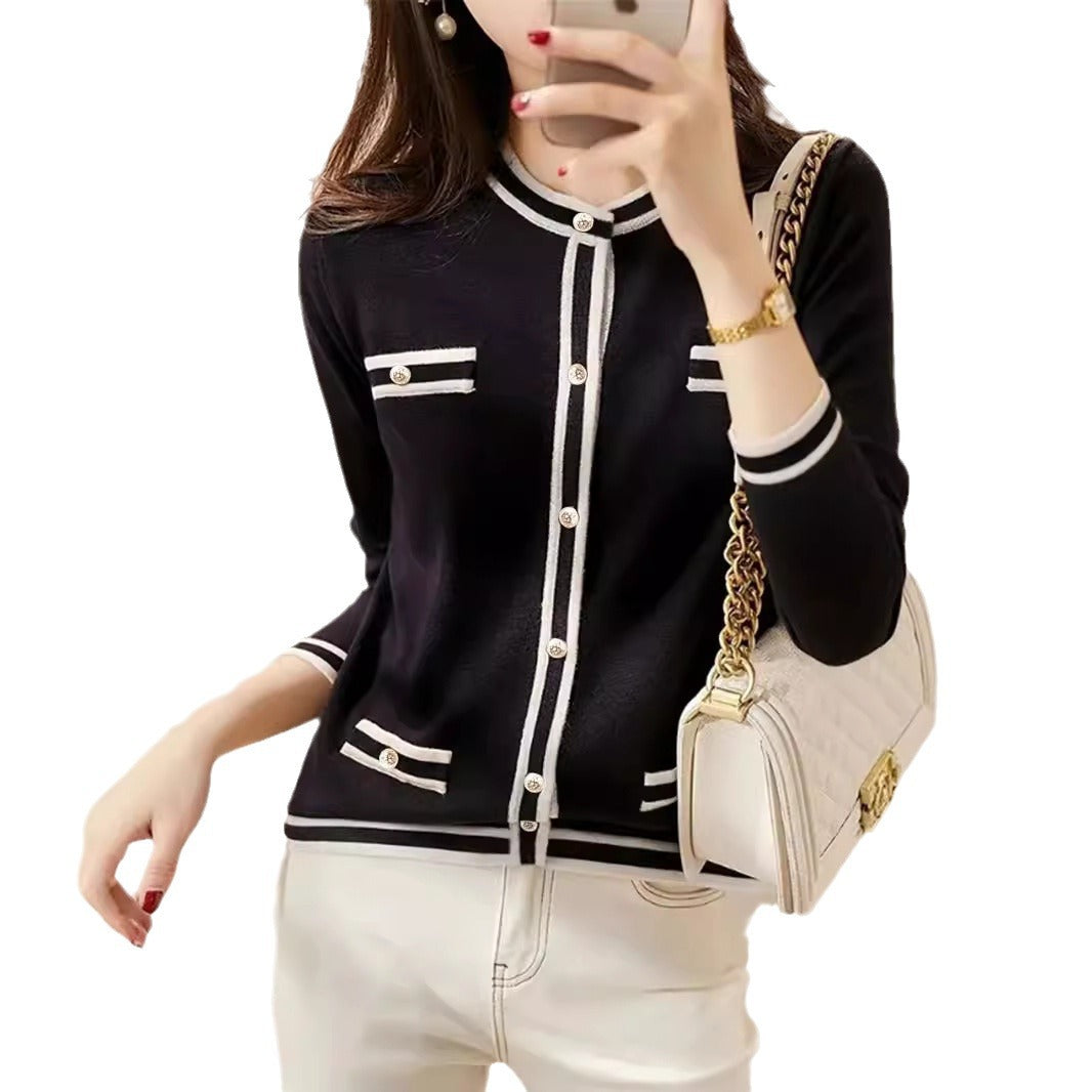 Damen eleganter und bequemer Strickjacke mit Kontraststreifen Drune