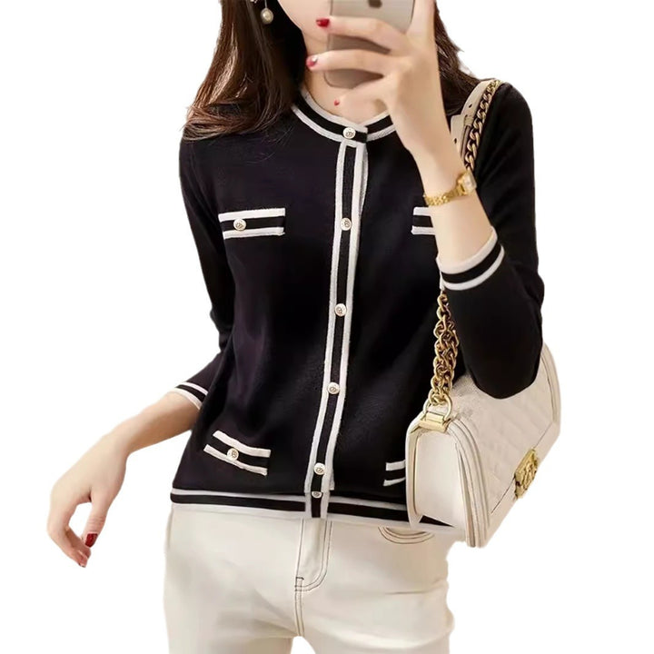 Damen eleganter und bequemer Strickjacke mit Kontraststreifen Drune