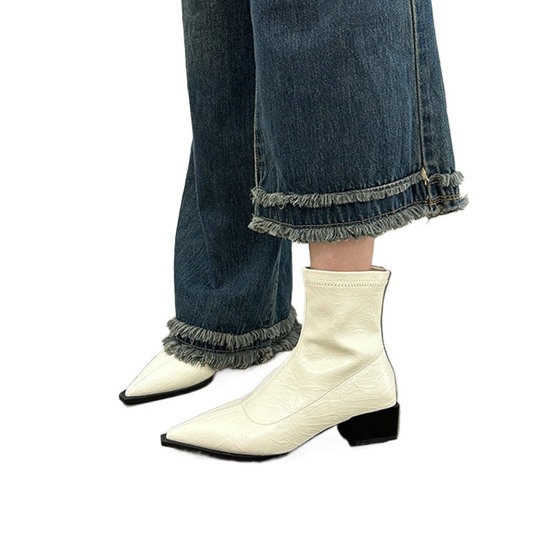 Damen elegante Stiefeletten mit spitzem Zehenbereich und Blockabsatz Drune