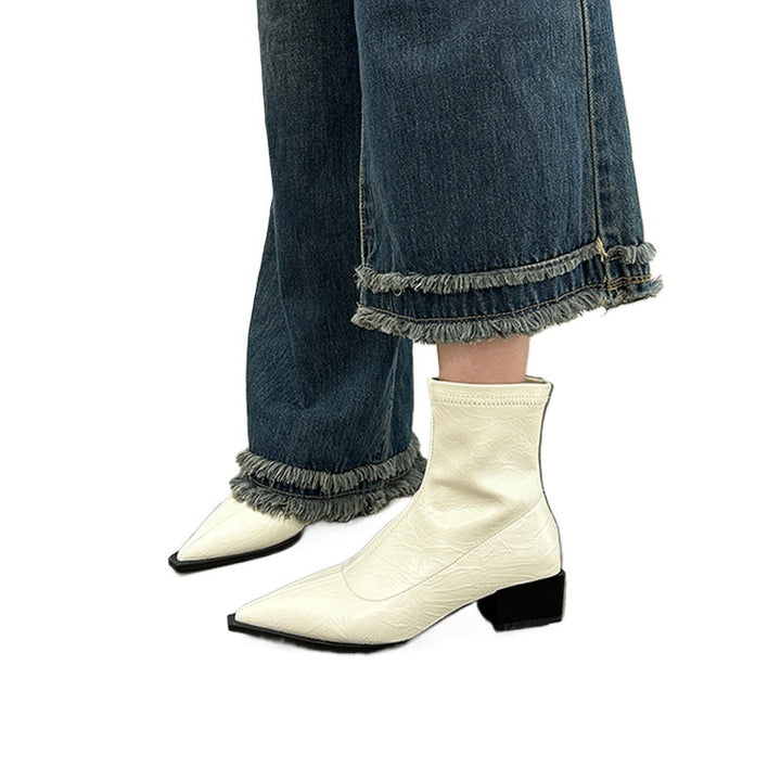 Damen elegante Stiefeletten mit spitzem Zehenbereich und Blockabsatz Drune