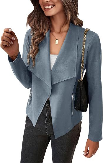 Damen Velourslederimitat-Wasserfallblazer mit asymmetrischem Saum und Reißverschlusstaschen Drune