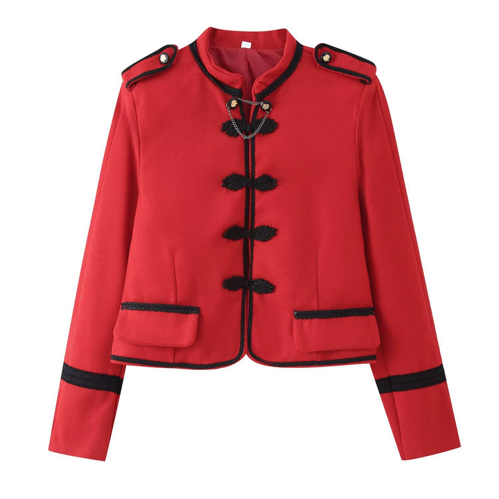 Damen Kurzjacke im Bouclé‑Look mit Mandarin‑Kragen, Kordelfroschverschluss und Zier‑Schulterklappen Drune