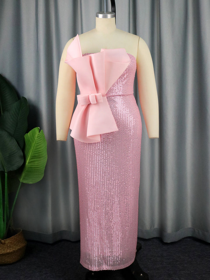 Damen Glänzendes Abendkleid mit asymmetrischem Schnitt und voluminöser Schleifen-Applikation Drune