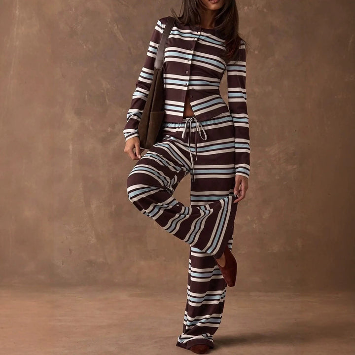 Damen Gestreiftes Strick-Lounge-Set mit tailliertem Knopfcardigan und weitem Palazzohose Drune