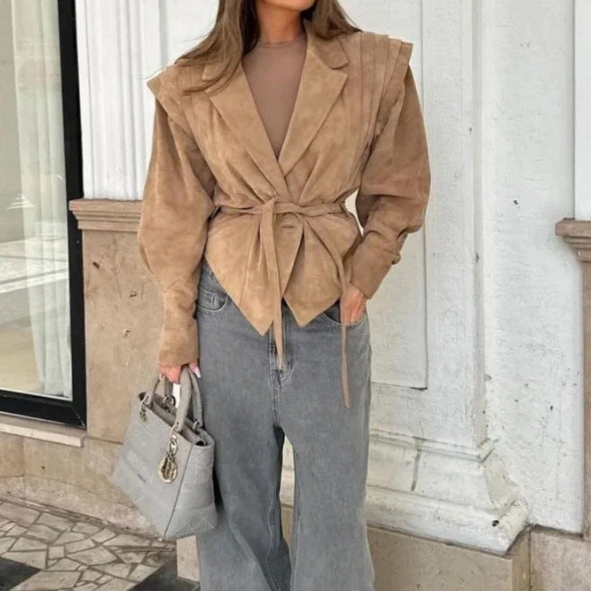 Damen Modische Wildlederjacke mit Taillengürtel Drune