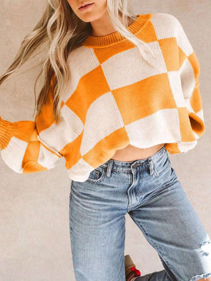 Damen lässiger pullover mit Karo-Muster und weiten Ärmeln Drune