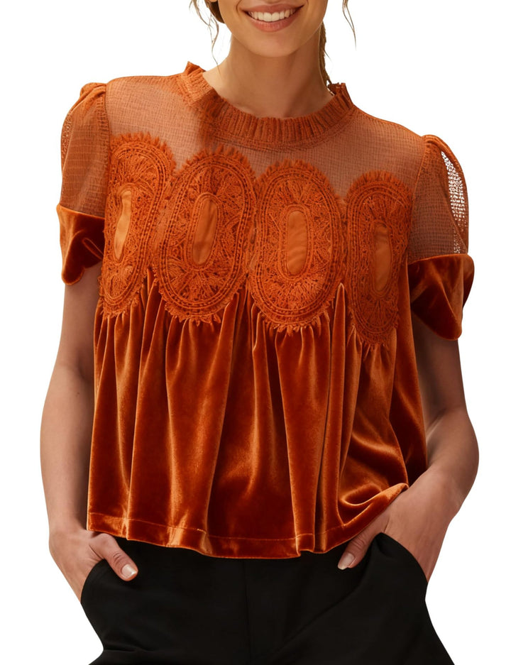 Damen Samtbluse mit Spitzenbesatz, transparentem Einsatz und geraffter A-Linie Drune