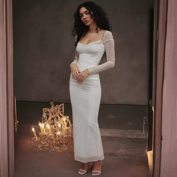 Damen Elegantes Maxikleid mit transparenten Ärmeln Drune