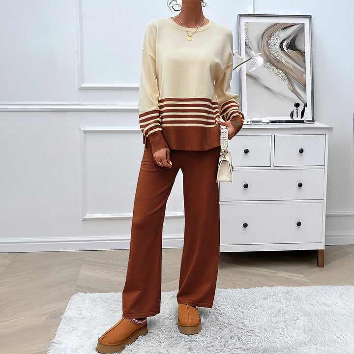 Damen nan lässiges Strick-Lounge-Set mit gestreiftem Rundhals-Pullover, Raglanärmeln und weiten taillenhohen Hosen Drune