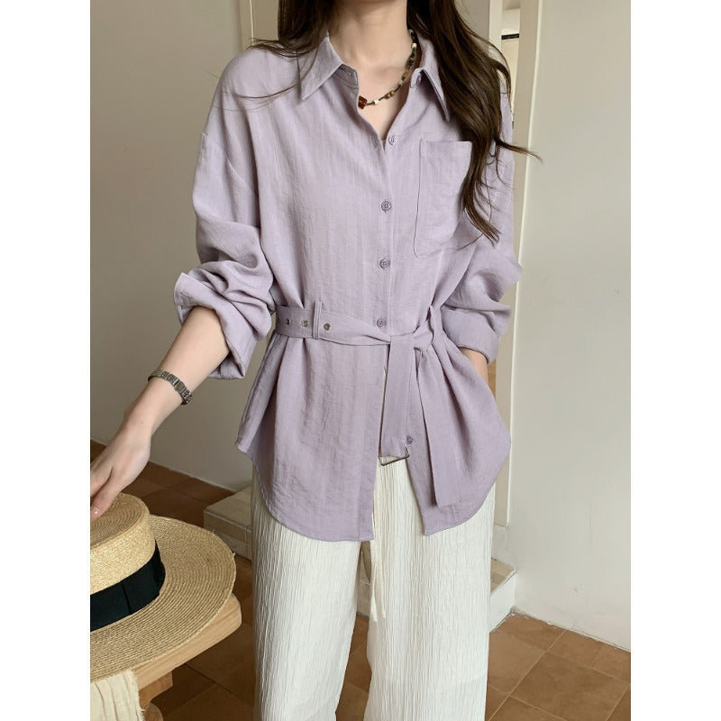 Damen Weit geschnittene Leinen‑Hemdbluse mit Taillengürtel und Brusttasche Drune