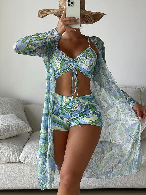 Damen Bikiniset mit floralem Oberteil und luftiger Wickeljacke Drune
